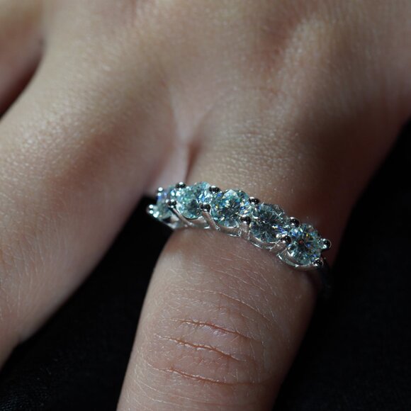 Rhodium Plated Sterling Silver Ring with 5 Light Blue Moissanite Stones - Picture 8 of 16